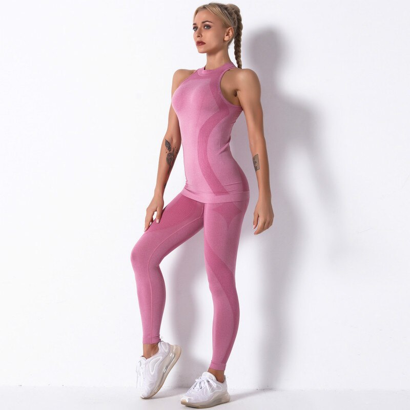 Seamless Knitted Striped Yoga Outfit with Pants Set - cas7m