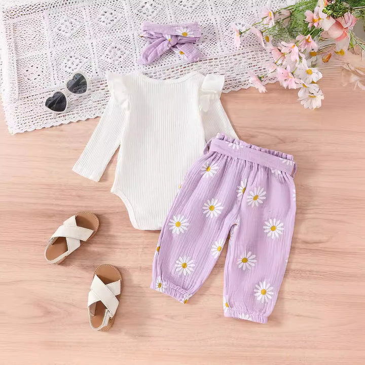 Ruffled Long-sleeve Bodysuit Paired With Matching Pants And A Bow Hair Accessory - cas7m