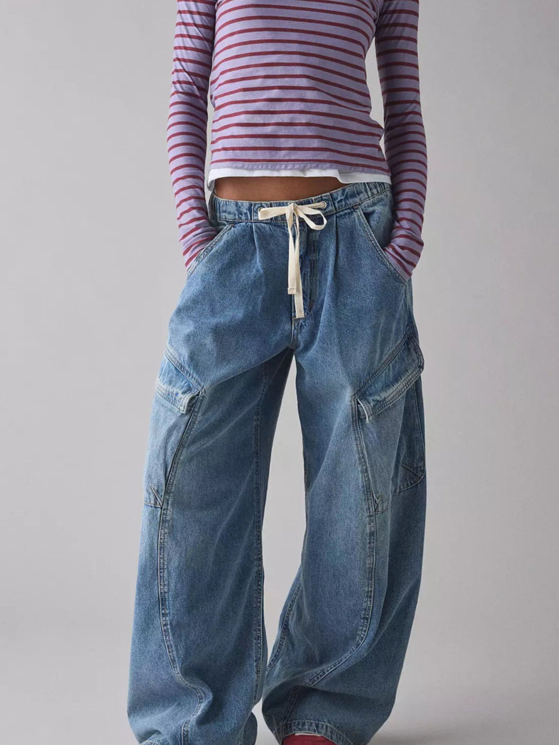Drawstring Waist Cargo Jeans - cas7m