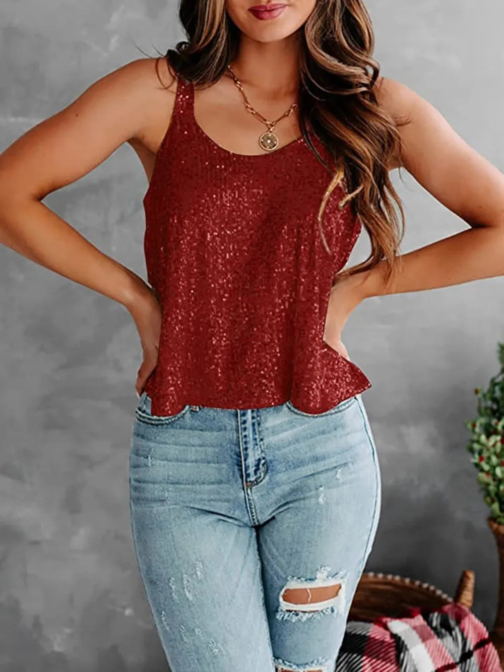Sequin Scoop Neck Tank - cas7m