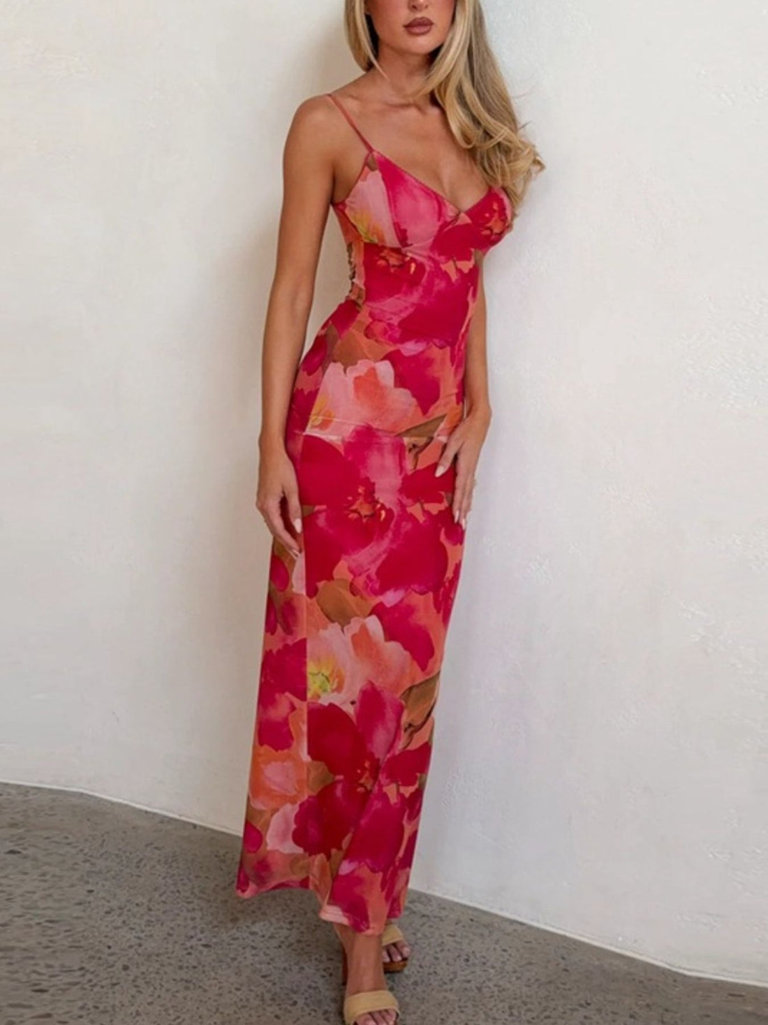 Floral Print Spaghetti Strap Bodycon Maxi Dress - cas7m