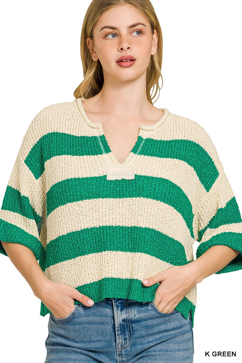 Zenana Split Neck Stripe Sweater - cas7m