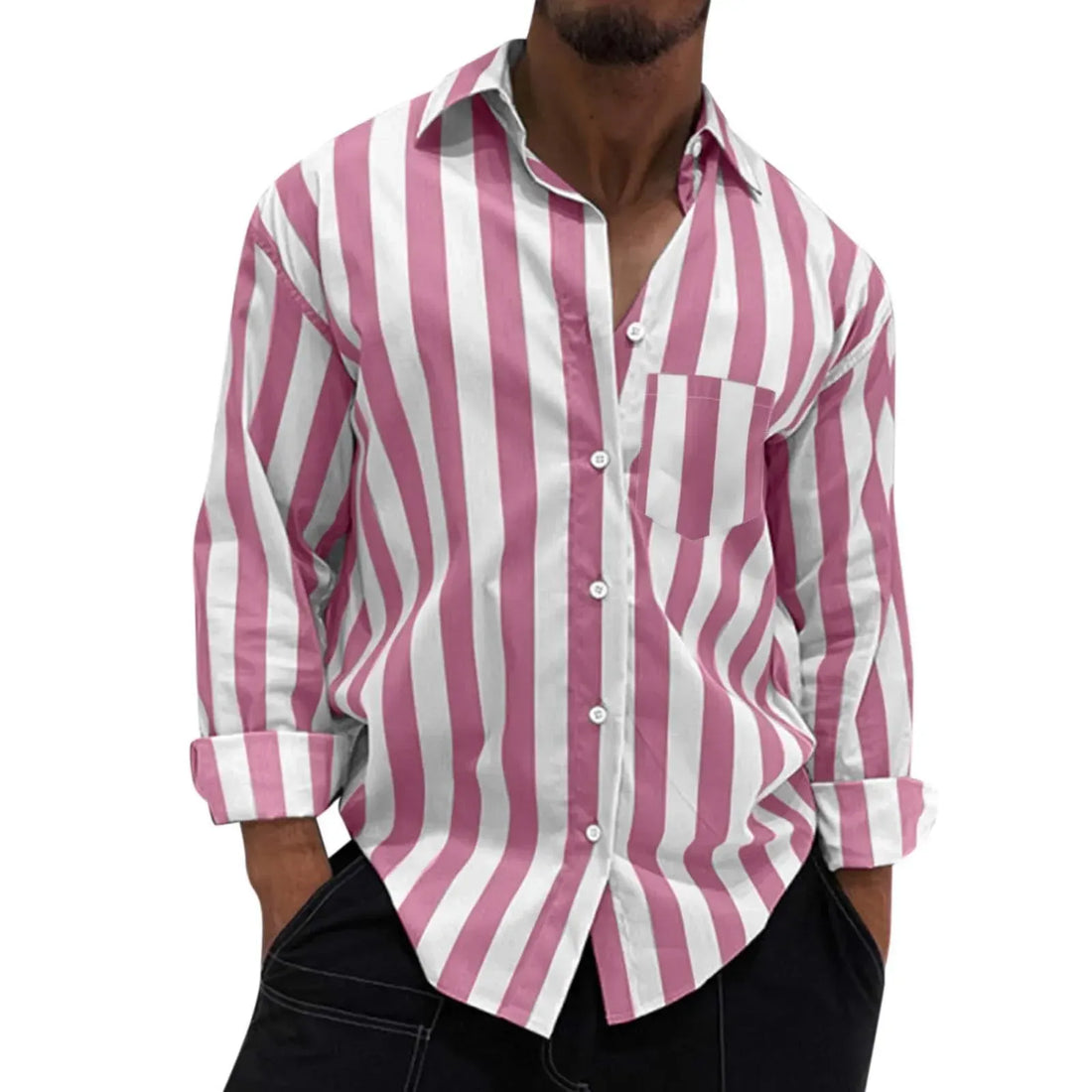 Men's Striped Button-Down Long Sleeve Shirt - cas7m