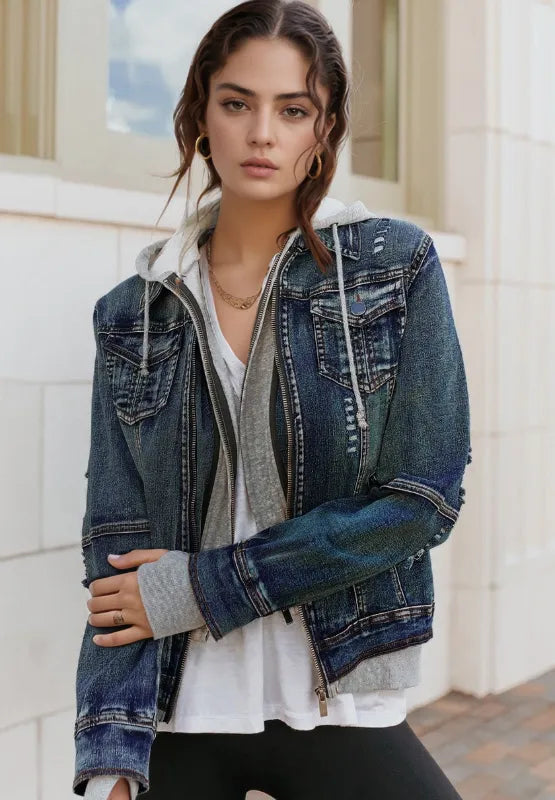 Fake Two-Piece Hooded Zip-Up Denim Jacket - cas7m
