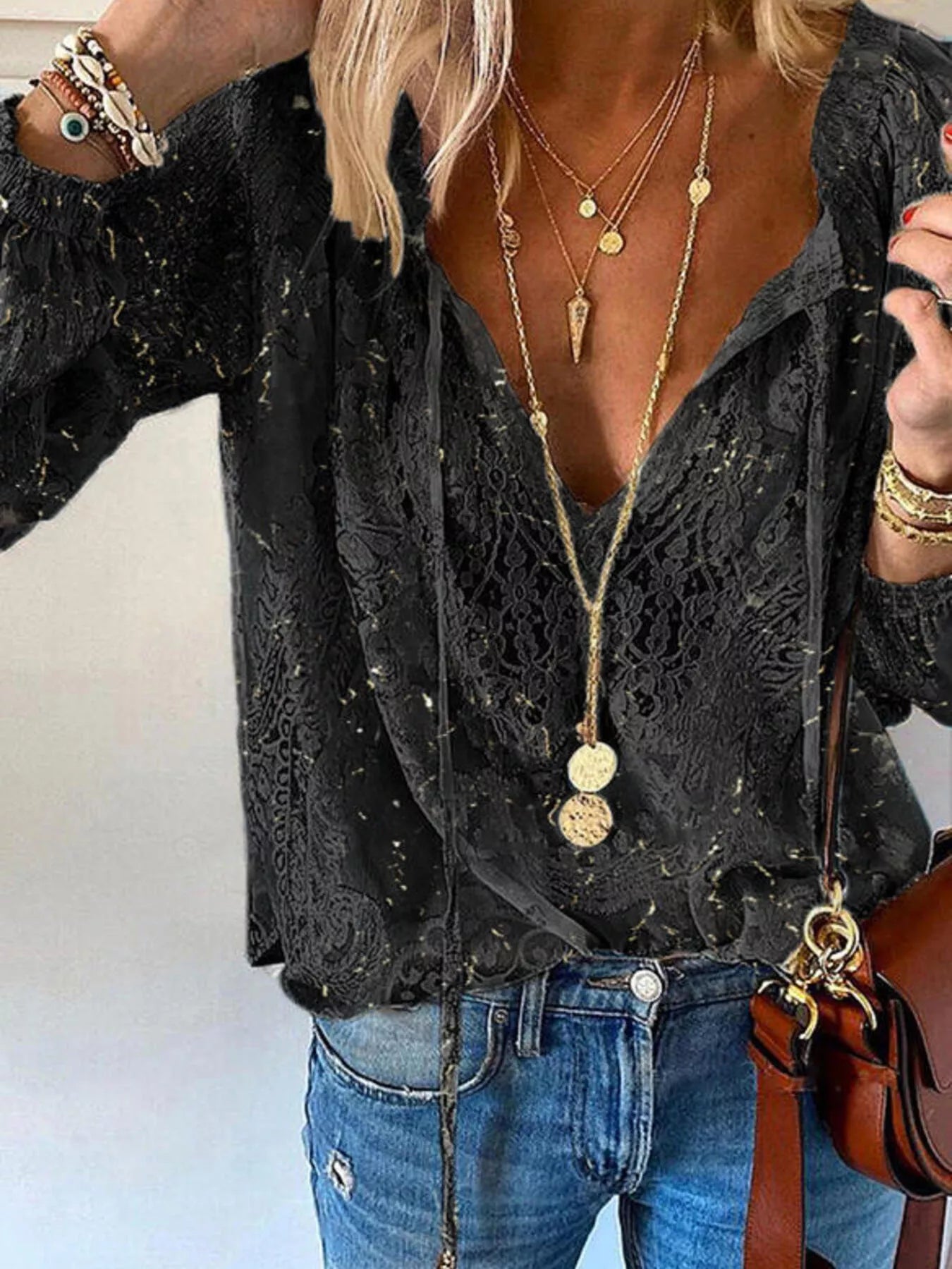 Lace Tie-Neck Blouse - cas7m