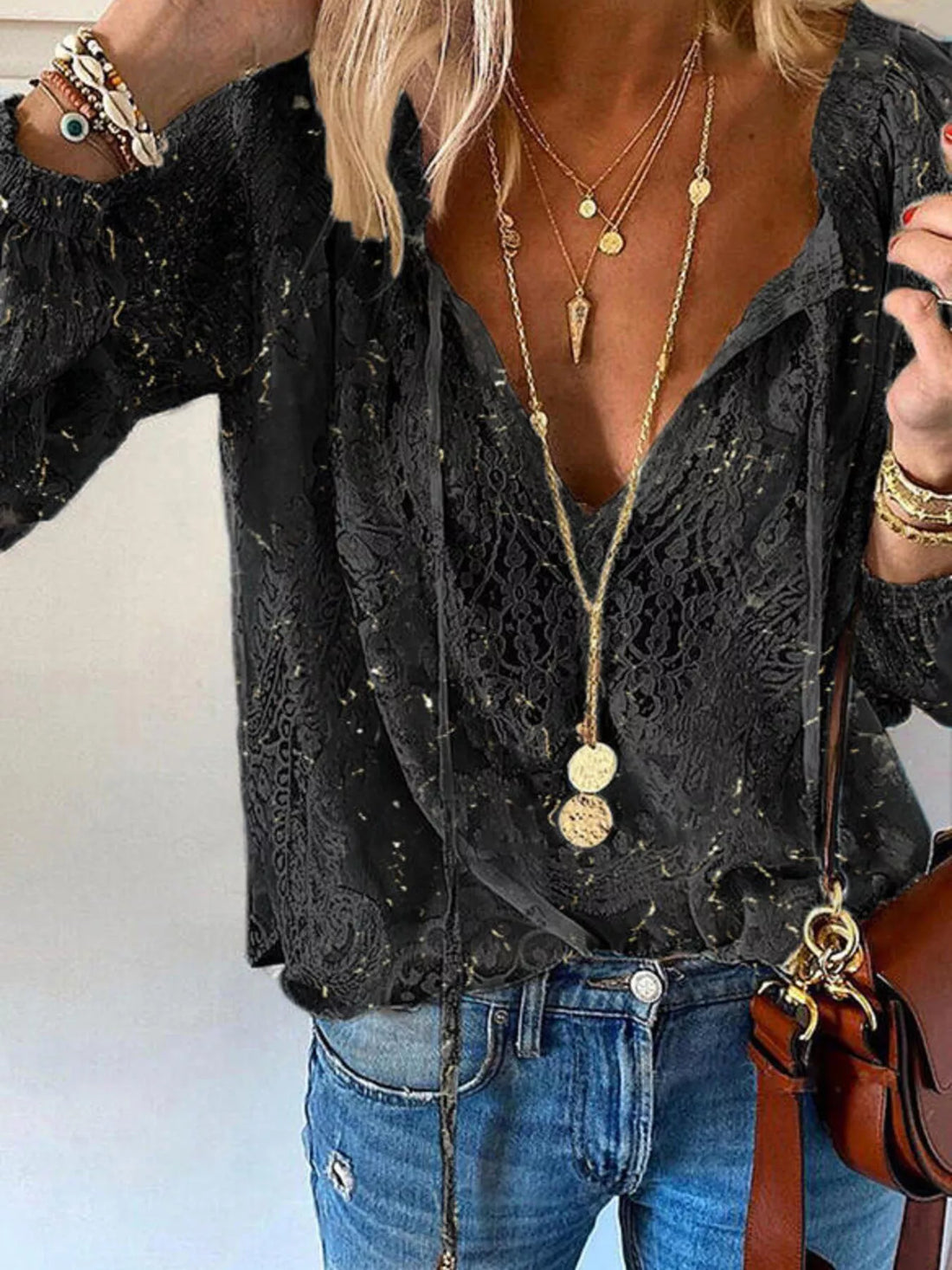 Lace Tie-Neck Blouse - cas7m