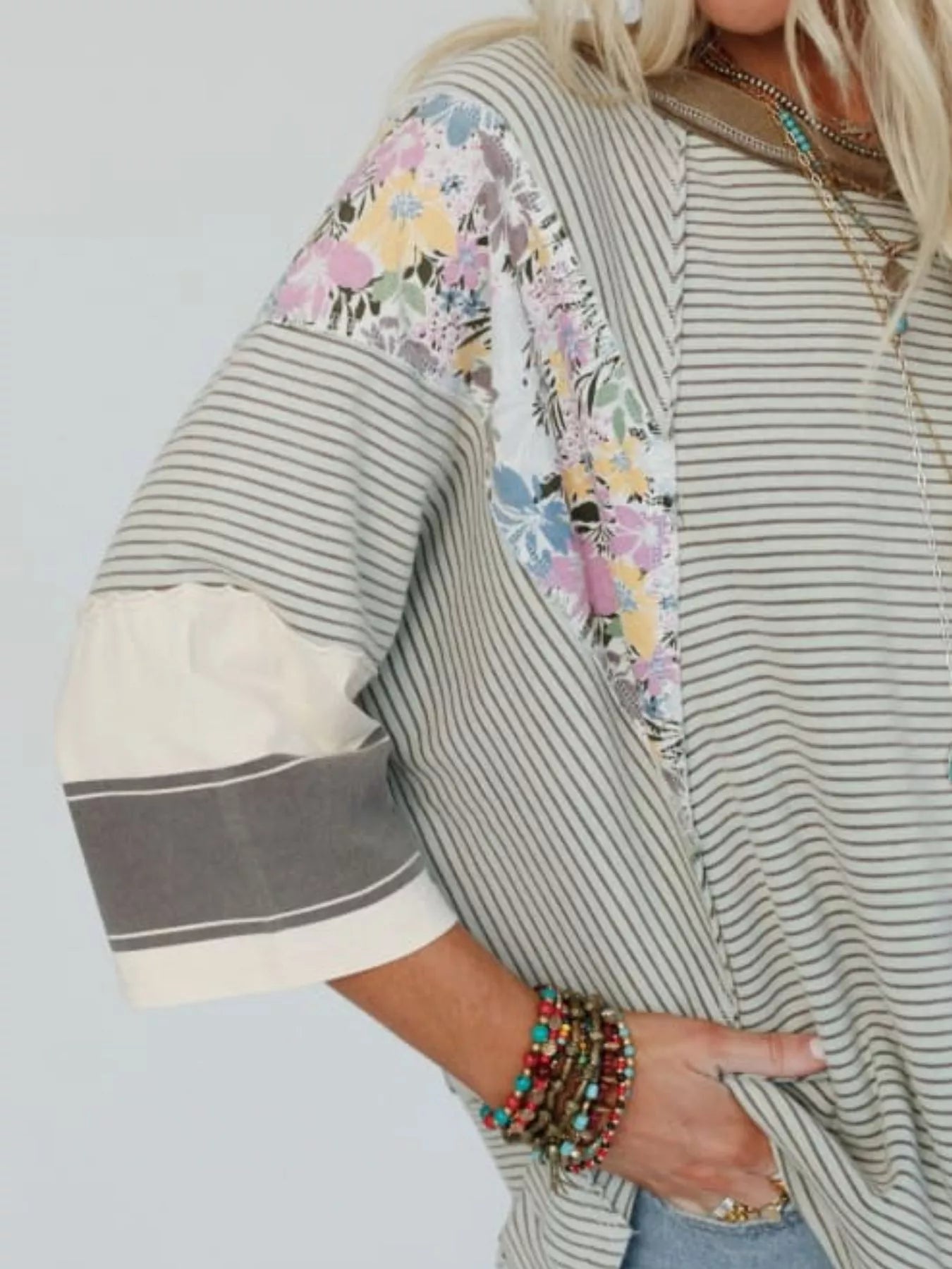 Striped Floral Long Sleeve T-Shirt - cas7m
