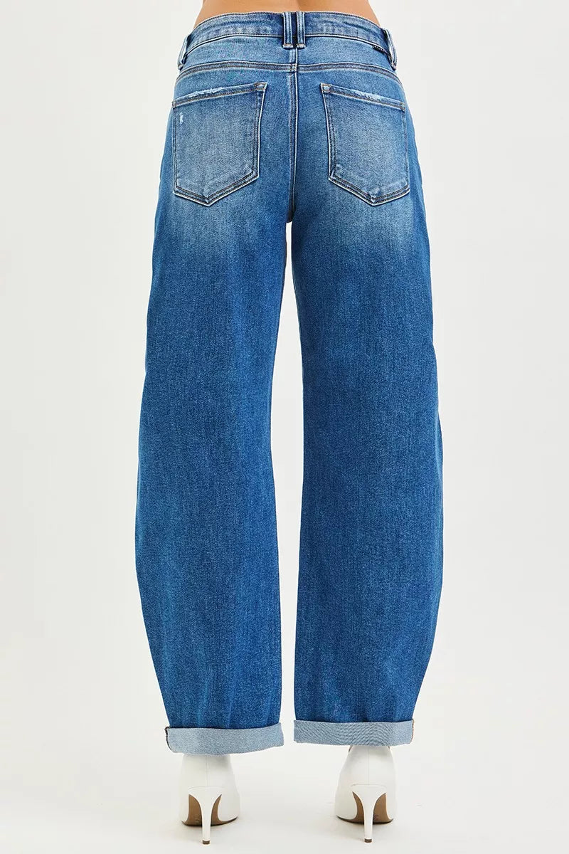 RISEN Full Size Mid Rise Barrel Double Roll Up Jeans Plus Size - cas7m