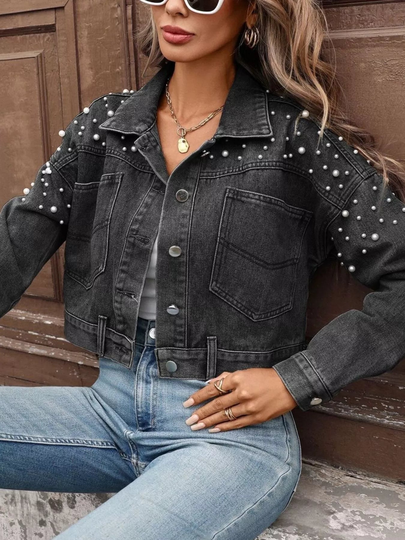 Pearl Embellished Cropped Denim Jacket - cas7m