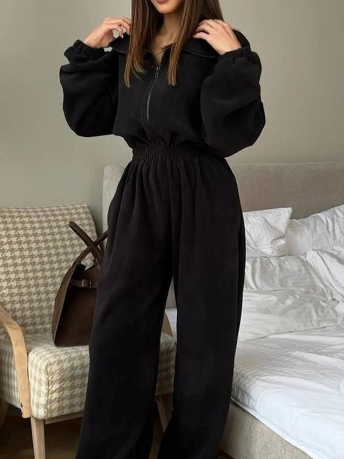 Zip Front Long Sleeve Jumpsuit - cas7m