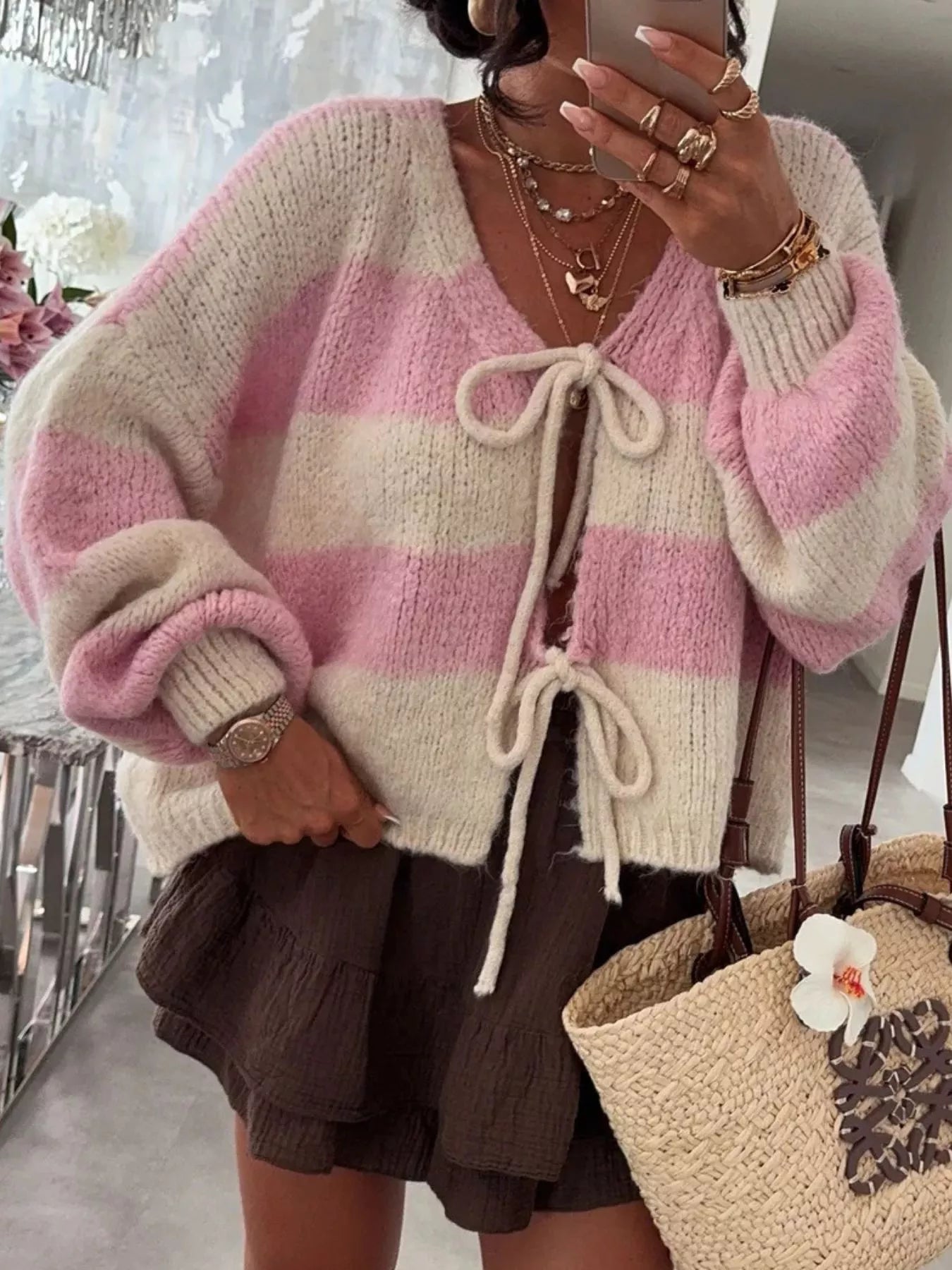 Striped Tie-Front Knit Cardigan - cas7m