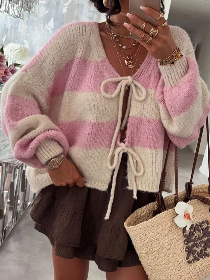 Striped Tie-Front Knit Cardigan - cas7m