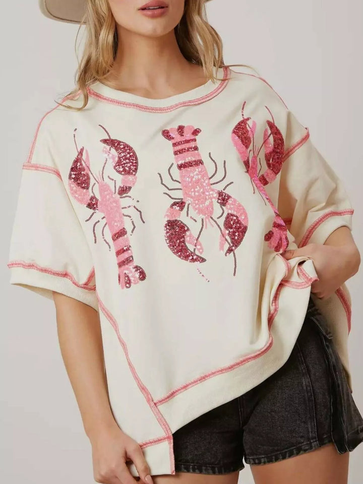 Sequin Lobster Half Sleeve T-Shirt - cas7m