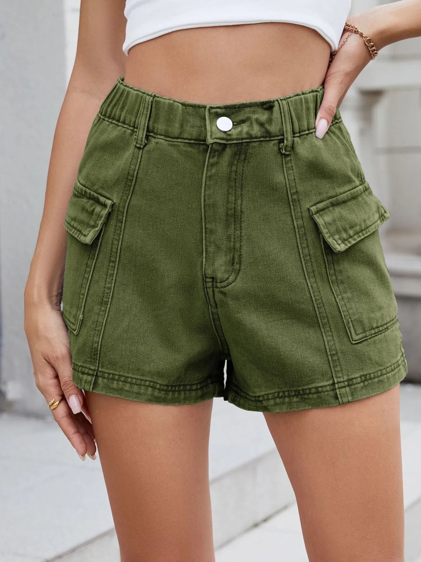 High Waist Cargo Denim Shorts - cas7m