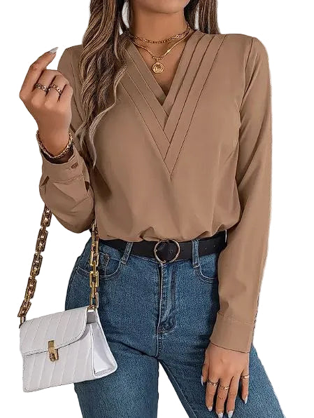 Elegant V-Neck Long Sleeve Office Blouse