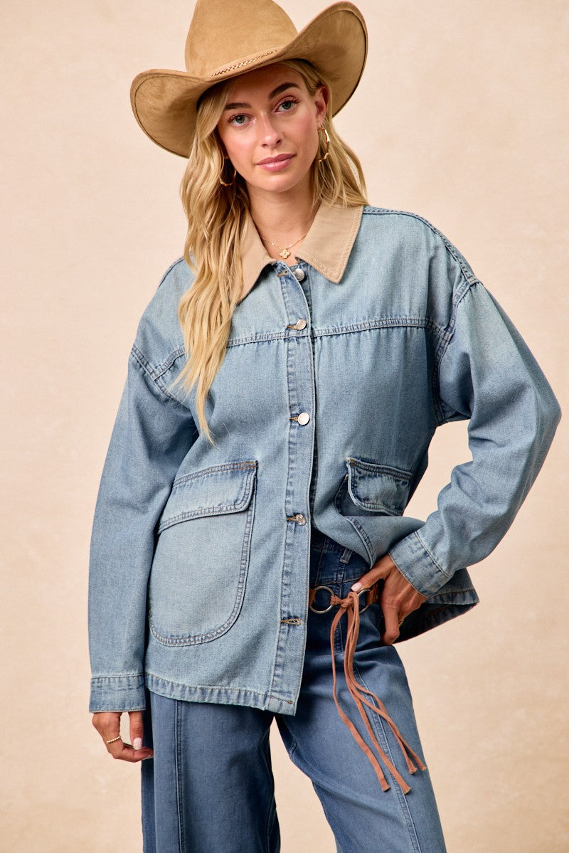 BiBi Washed Denim Jacket with Contrast Collar Detail - cas7m