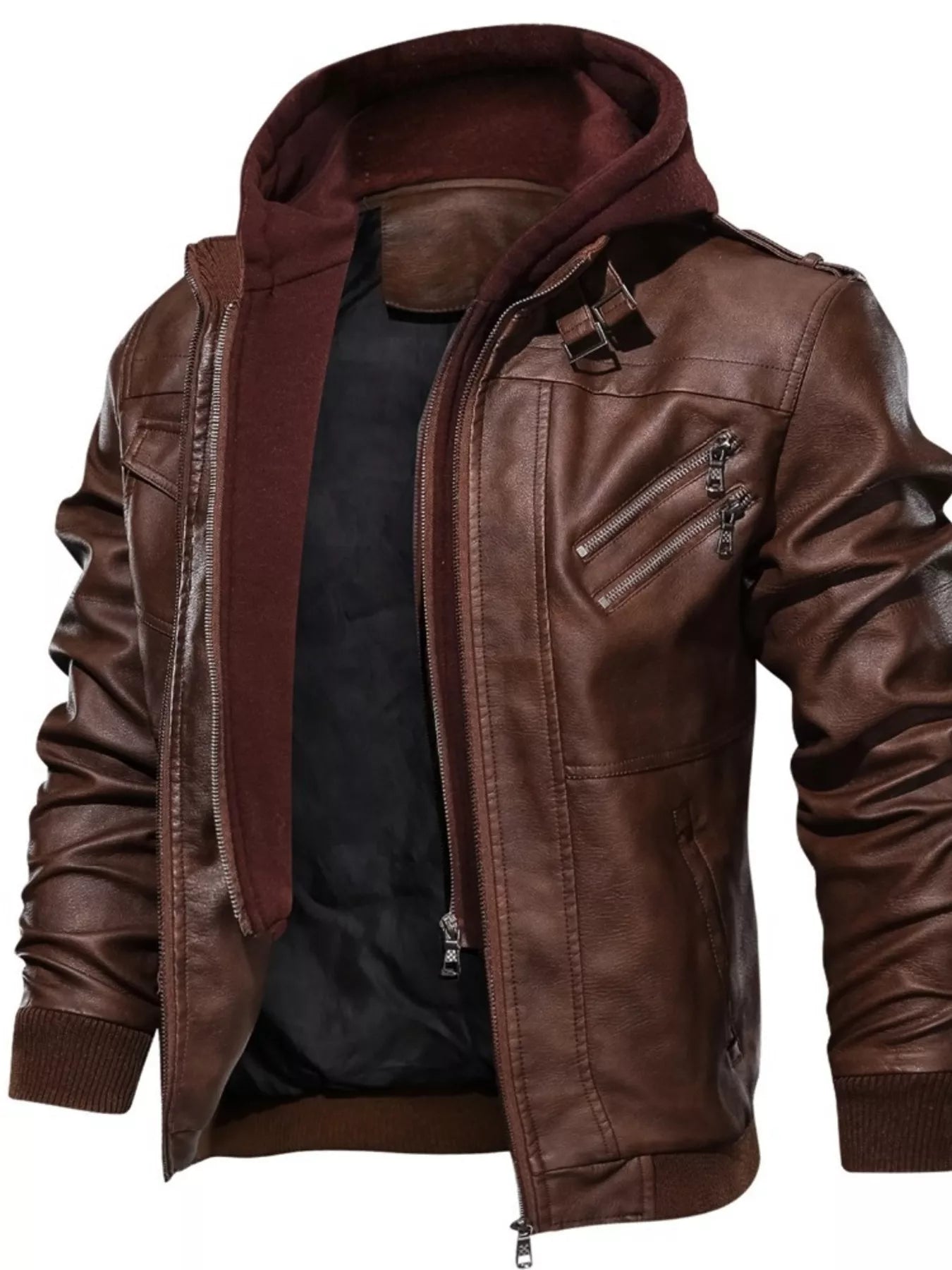 Men's Full Size Hooded Faux Leather Moto Jacket Plus Size - cas7m