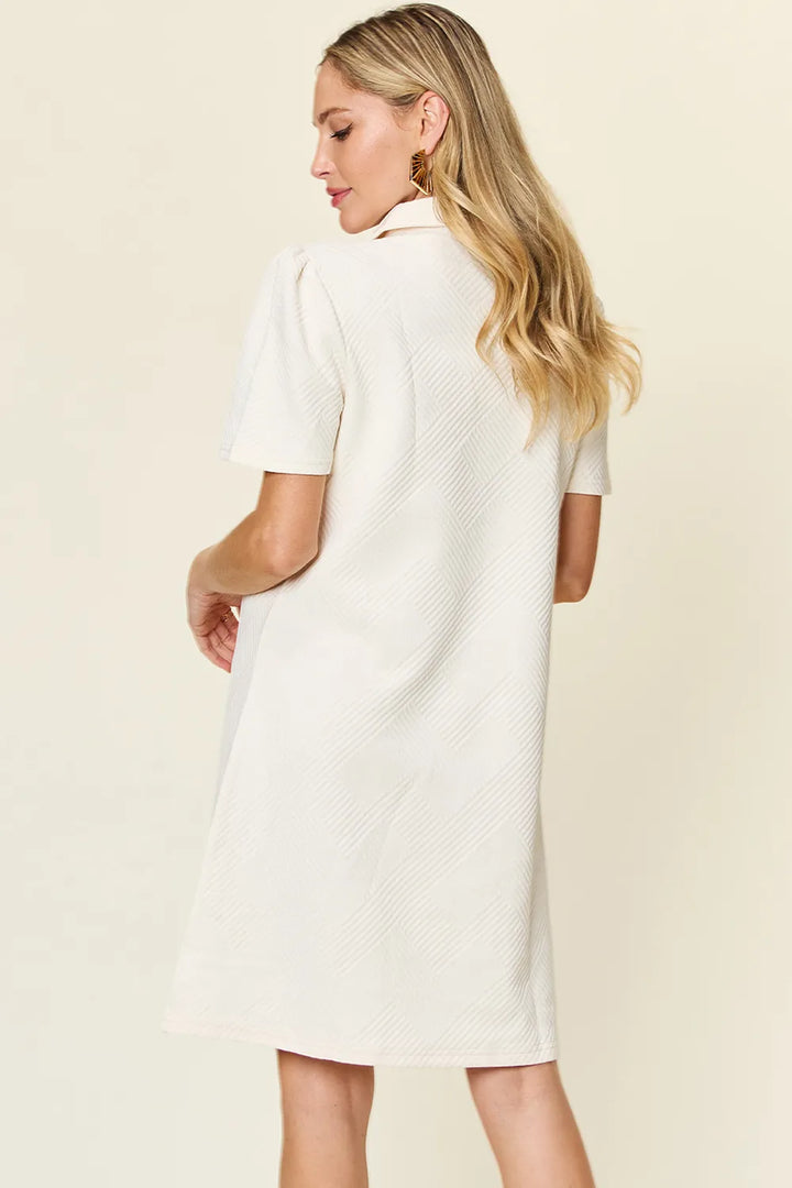 Double Take Full Size Texture Collared Neck Short Sleeve Dress - cas7m