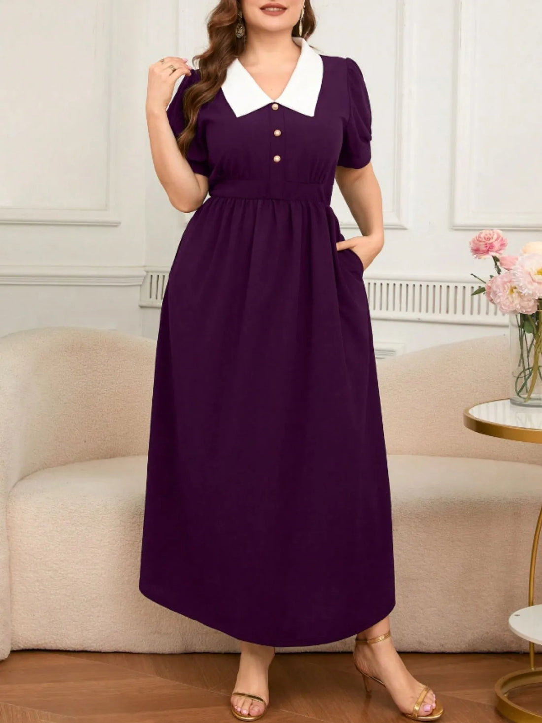 Plus Size Contrast Collar Short Sleeve Dress - cas7m
