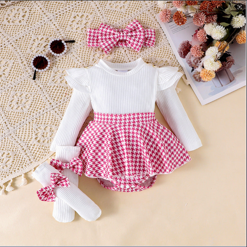 Sunken Stripe Long Sleeve Stitching Houndstooth Skirt One-piece Romper - cas7m