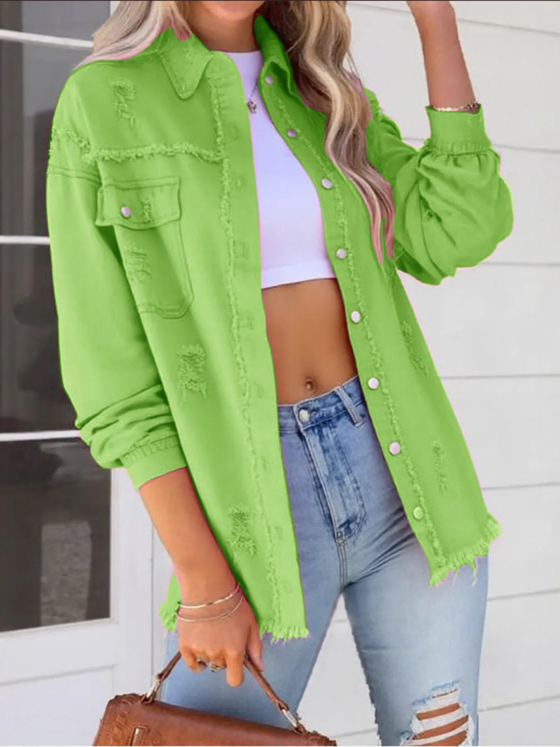 Distressed Denim Jacket with Frayed Edges - cas7m