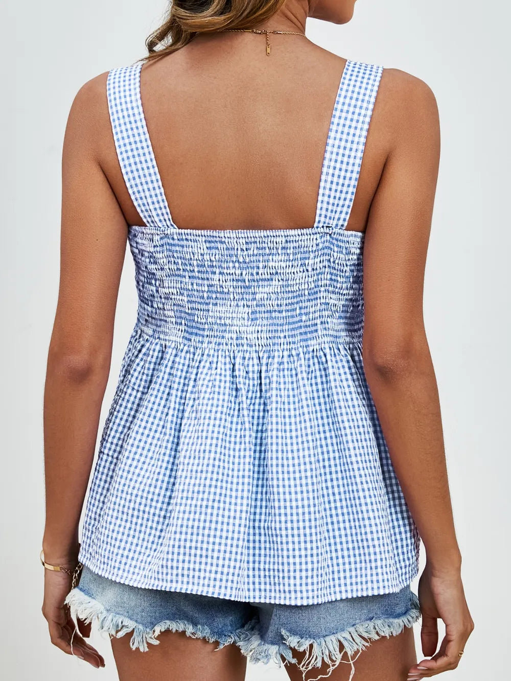 Smocked Plaid Square Neck Tank - cas7m