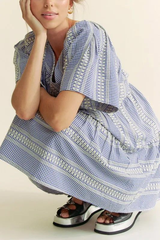Davi & Dani Embroidered Stripe Ruffled Gingham Mini Dress - cas7m