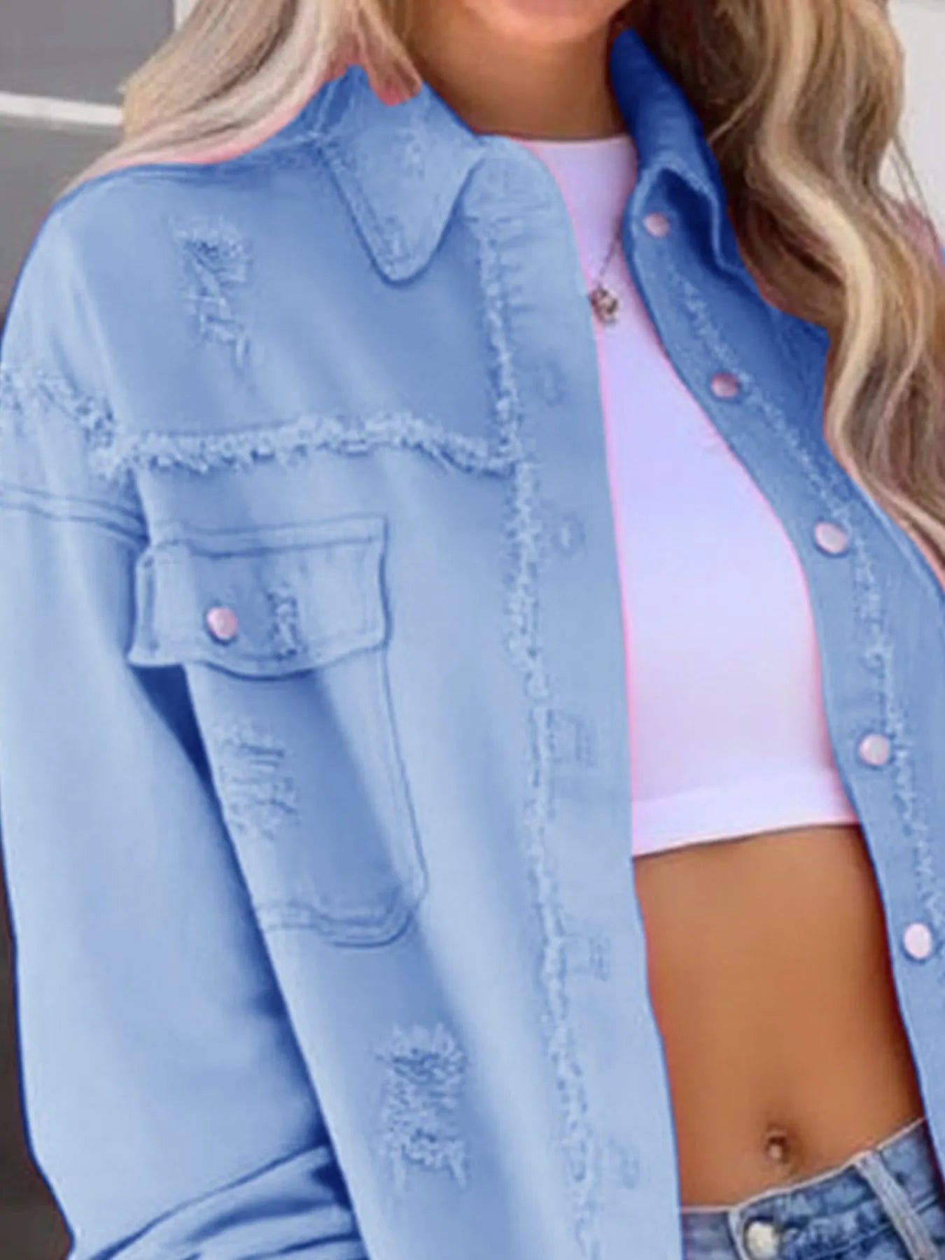 Distressed Denim Jacket with Frayed Edges - cas7m