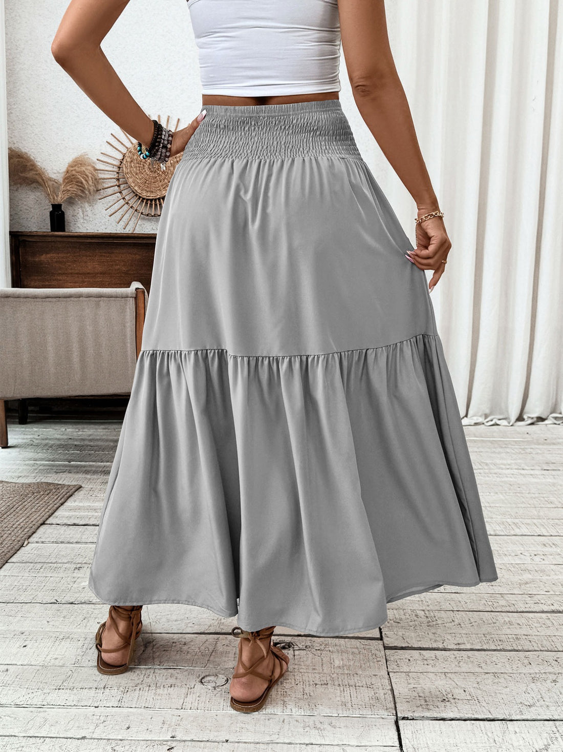 Smocked Waist Tiered Skirt - cas7m
