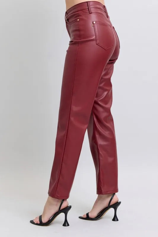 Judy Blue Full Size High Waist Tummy Control Faux Leather Straight Pants Plus Size - cas7m
