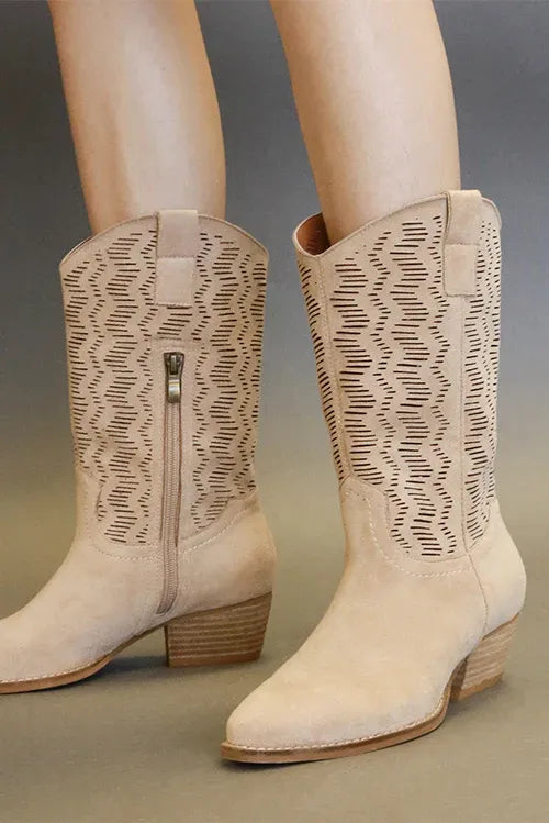 Beast Fashion Faux Suede Laser Cut Detail Block Heel Boots - cas7m