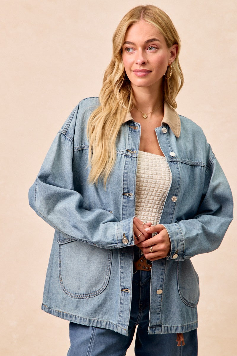 BiBi Washed Denim Jacket with Contrast Collar Detail - cas7m