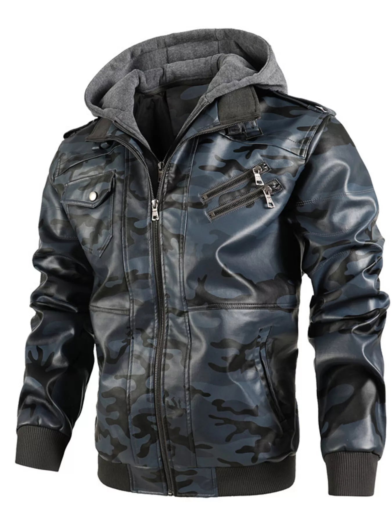 Men's Full Size Hooded Faux Leather Moto Jacket Plus Size - cas7m