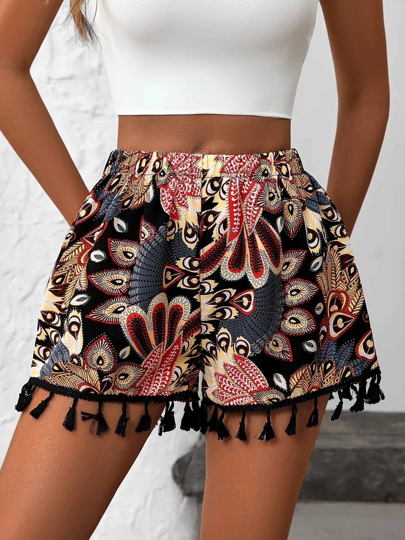 Paisley Print Tassel Hem Shorts - cas7m