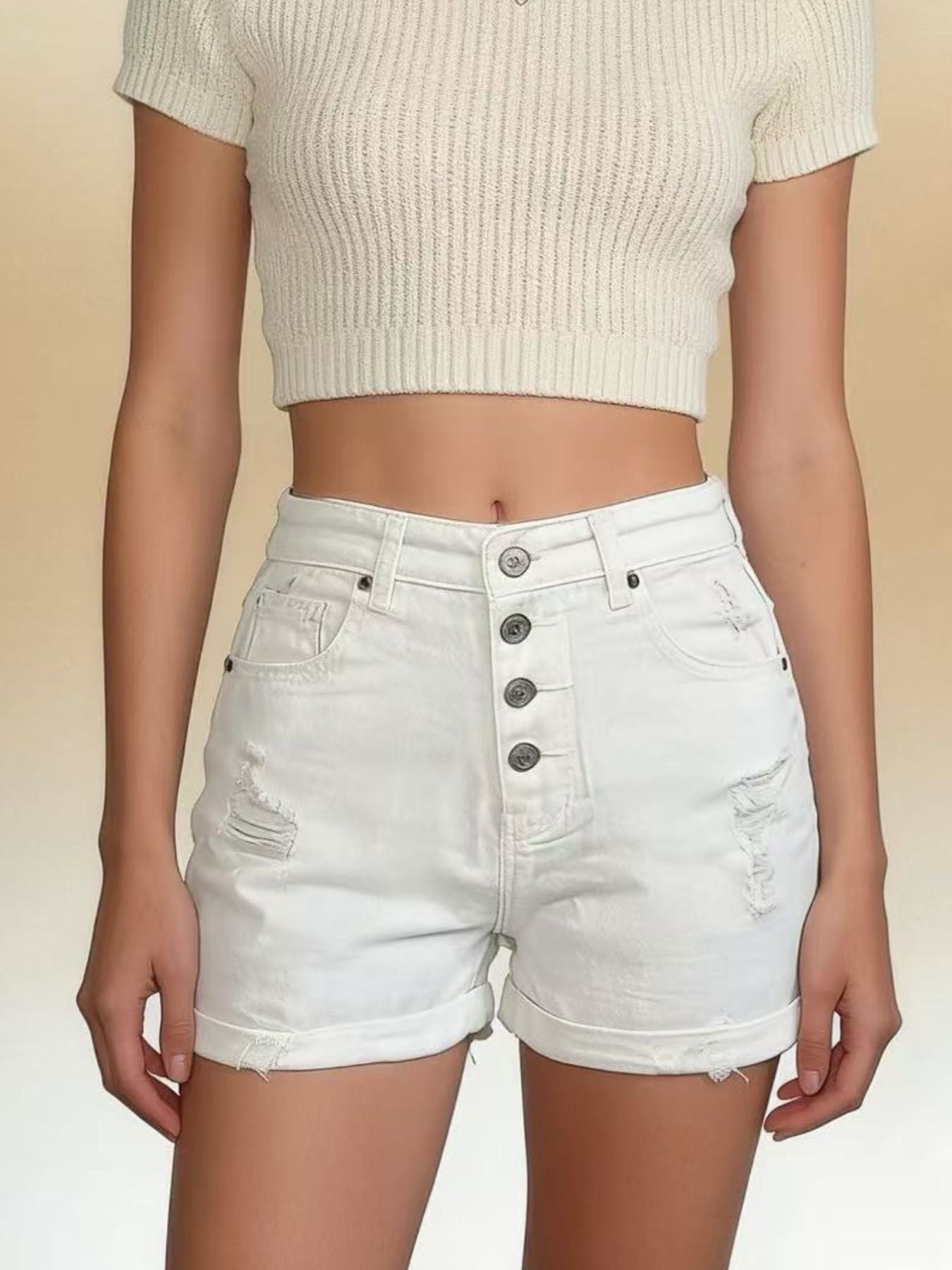 High-Waisted Button-Fly Distressed Denim Shorts - cas7m