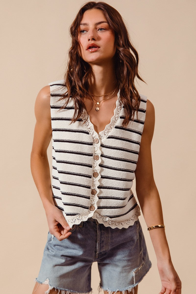 SO ME Buttoned Front Stripe Texture Knitted Sweater Vest - cas7m