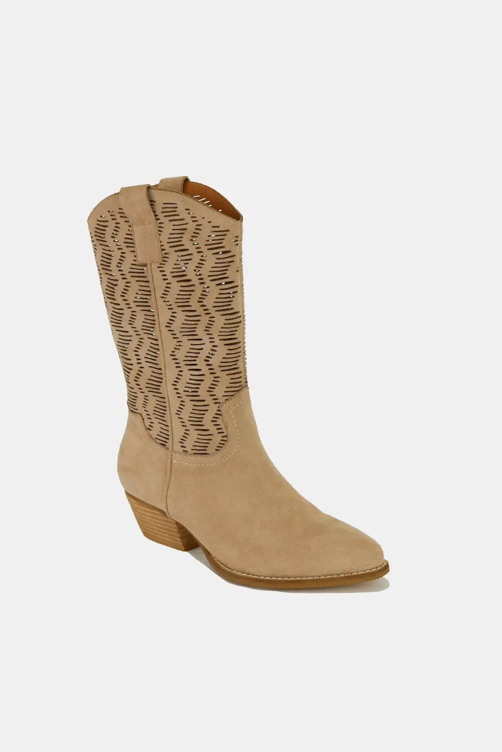 Beast Fashion Faux Suede Laser Cut Detail Block Heel Boots - cas7m