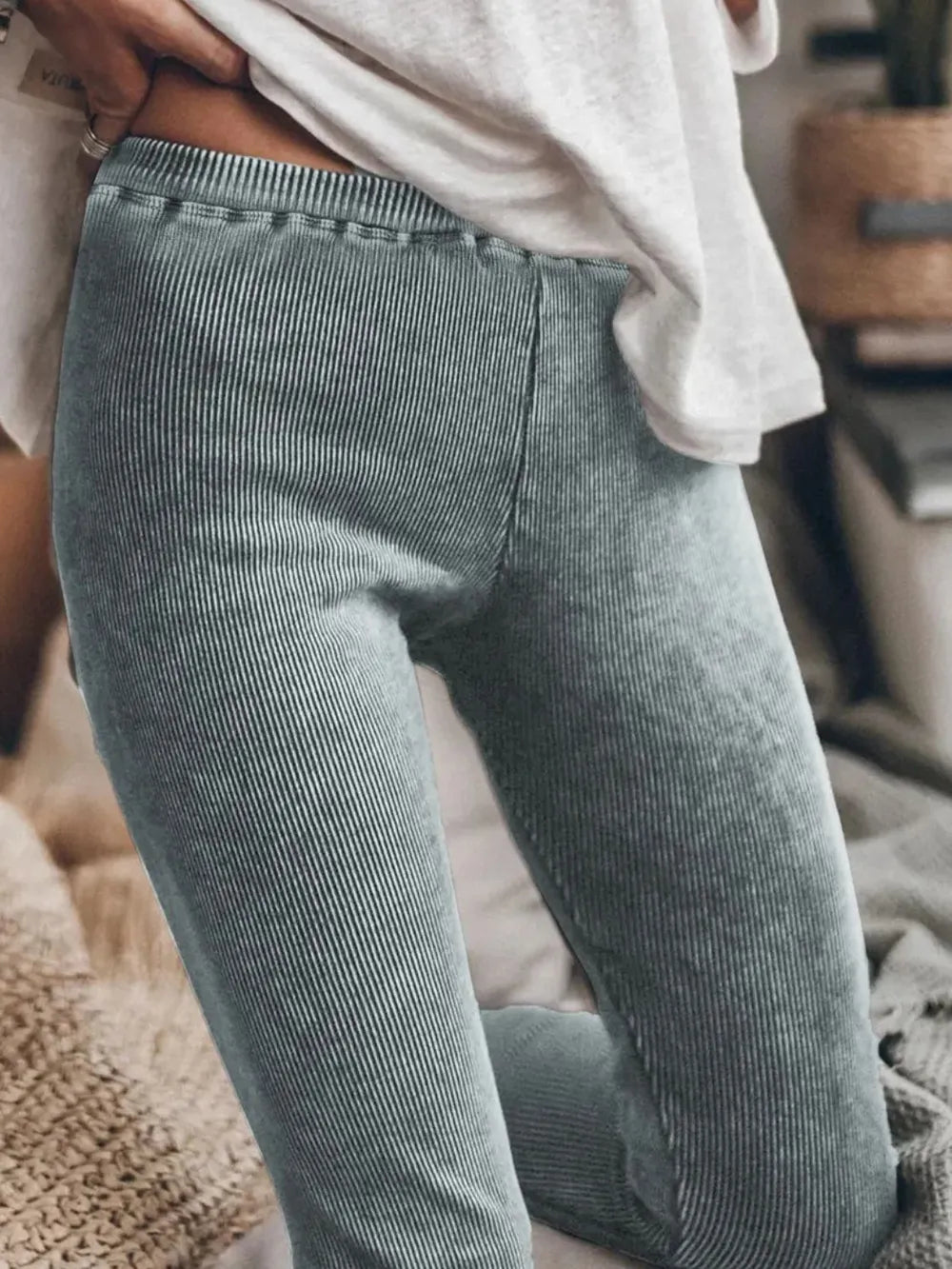 Ribbed Elastic Waist Leggings - cas7m