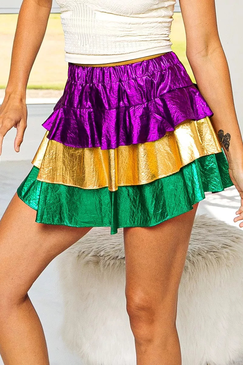 BiBi Mardi Gras Color Block Metallic Tiered Skirt - cas7m