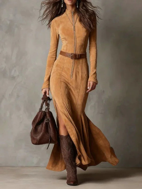 Slim Zipper Dress Elegant Temperament Split Long-sleeved Dresses Cowboy Fashion Retro Women's Clothing - cas7m