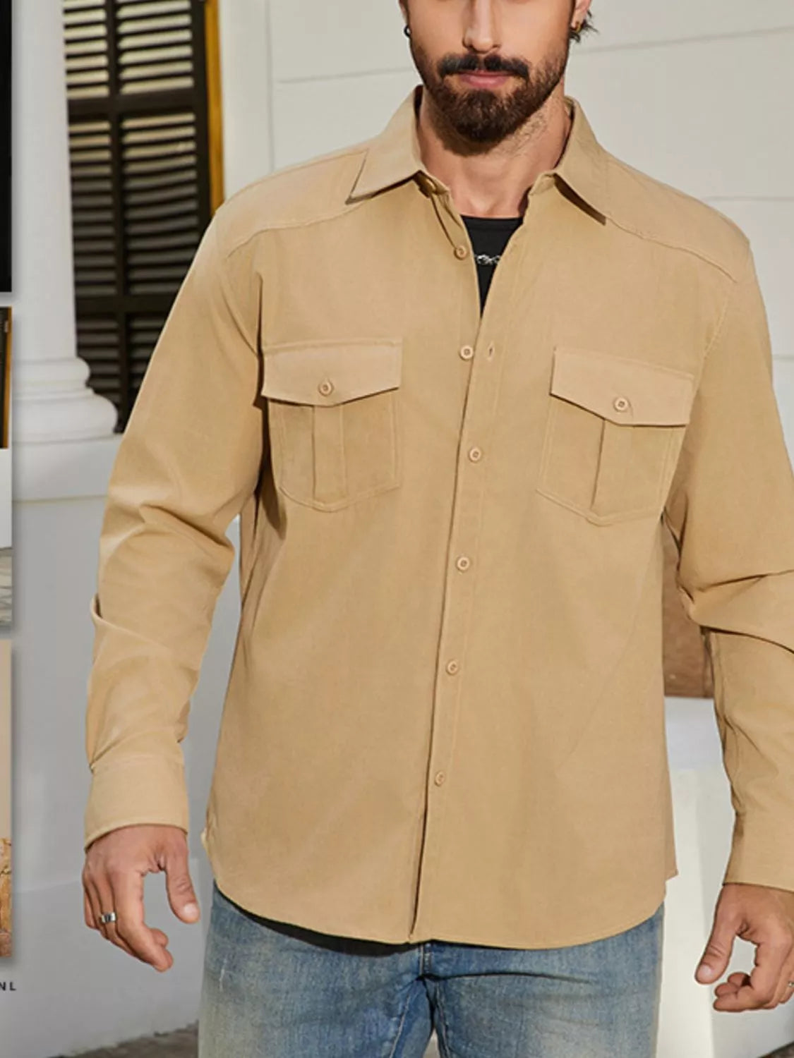 Men's Solid Color Long Sleeve Button-Up Shirt - cas7m