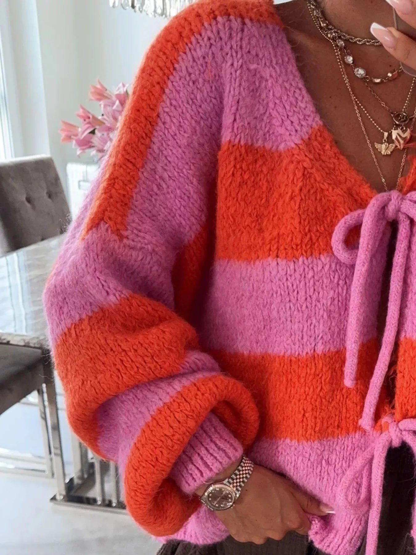 Striped Tie-Front Knit Cardigan - cas7m