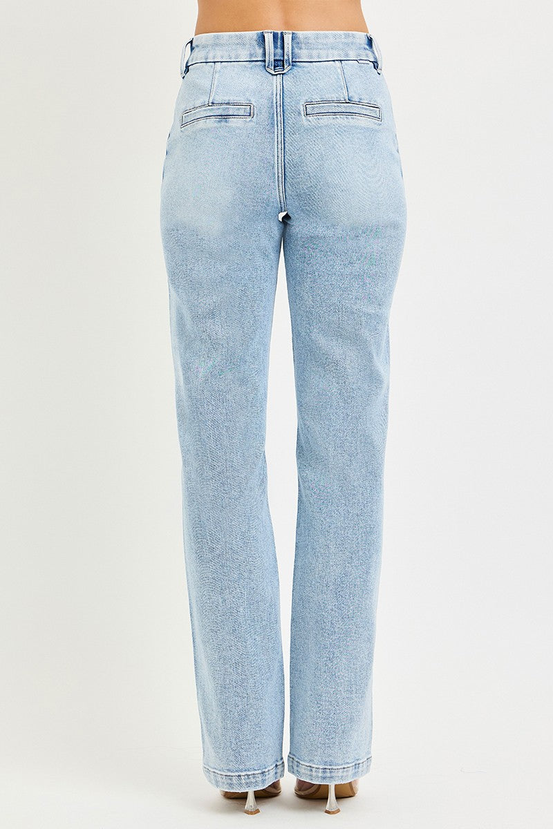 RISEN Tummy Control High Rise Straight Pin Tuck Jeans - cas7m