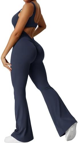 Women Sleeveless Flare Jumpsuits Fitness Yoga Long Pants - cas7m