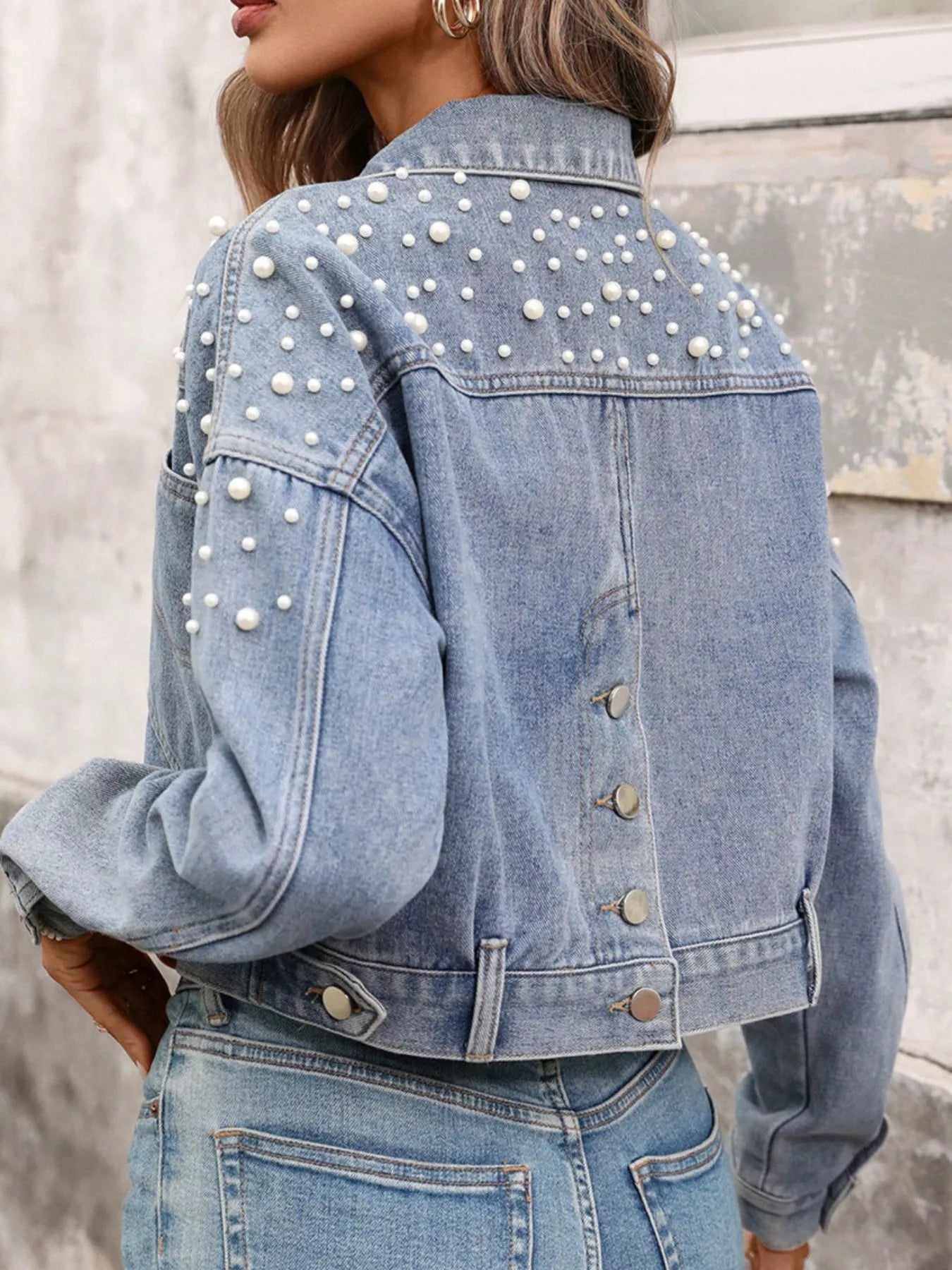 Pearl Embellished Cropped Denim Jacket - cas7m