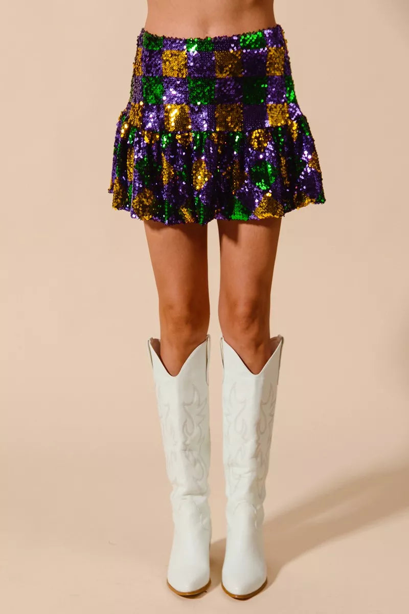 SO ME Mardi Gras Checker Sequins Mini Skirt - cas7m