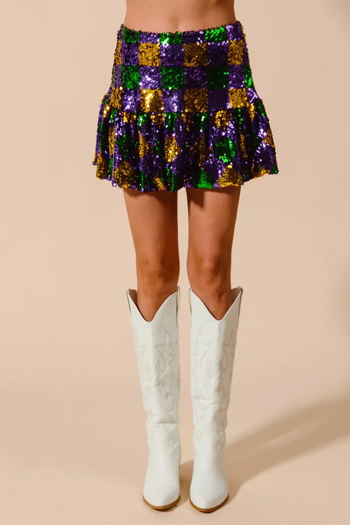 SO ME Mardi Gras Checker Sequins Mini Skirt - cas7m