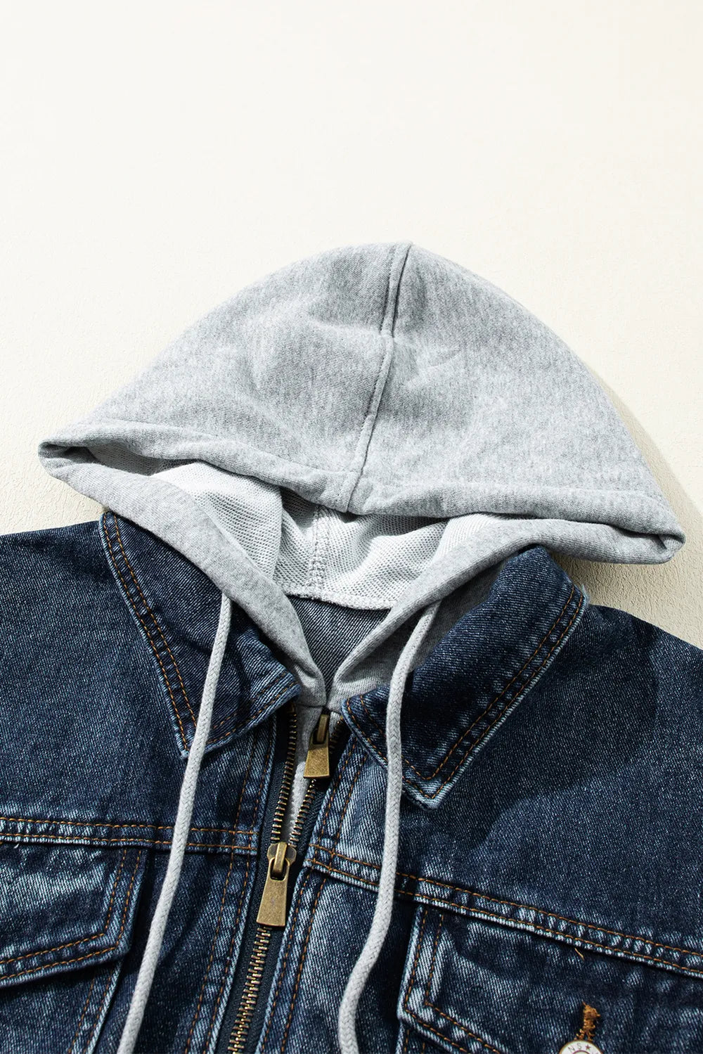 Fake Two-Piece Hooded Zip-Up Denim Jacket - cas7m
