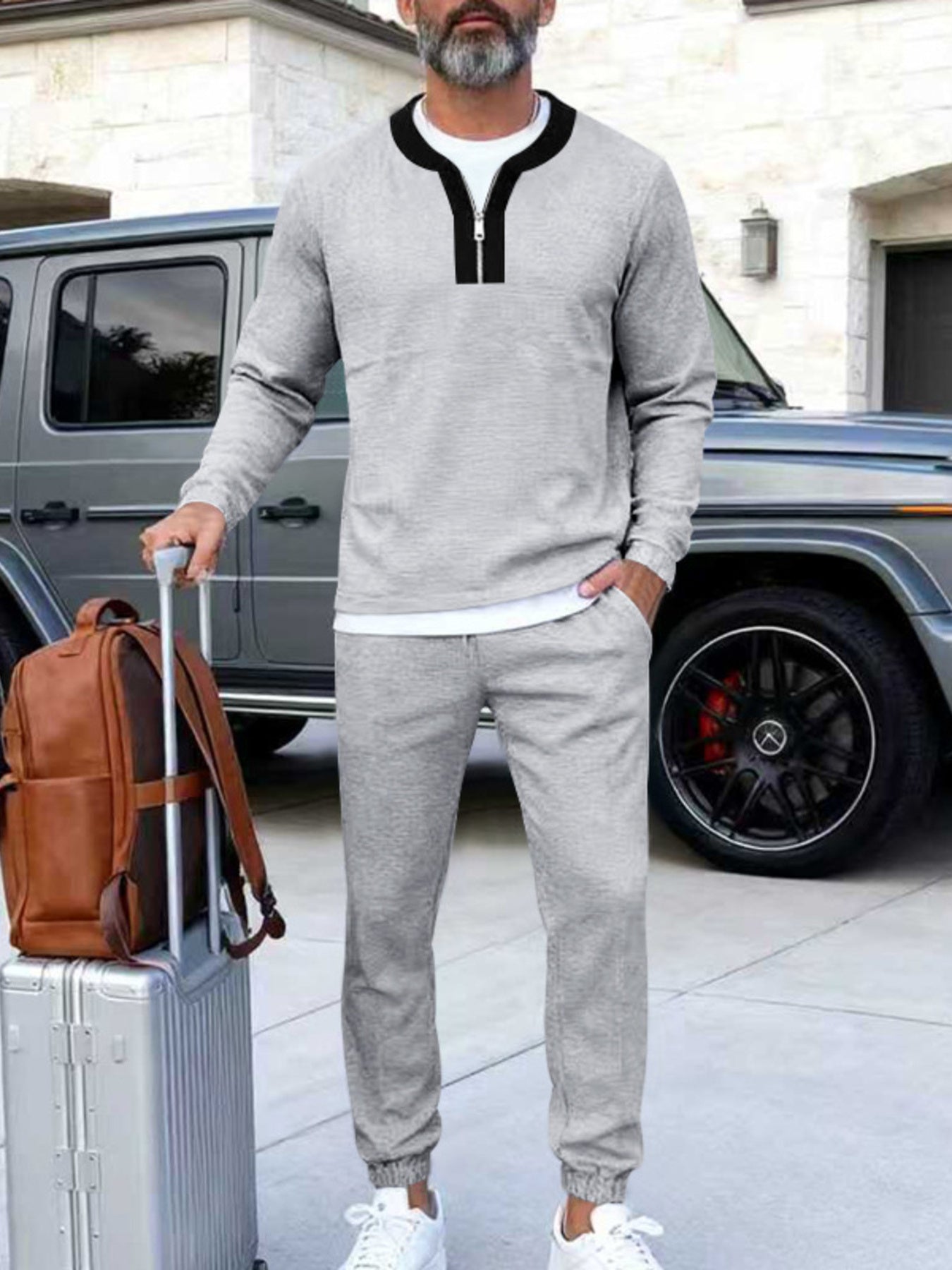 Men's Plus Size Casual Zipper Neck Long Sleeve Top and Pants Set - cas7m