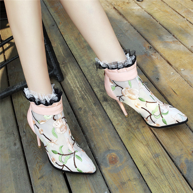 Pointed Toe High Heels with Embroidered Mesh Boots